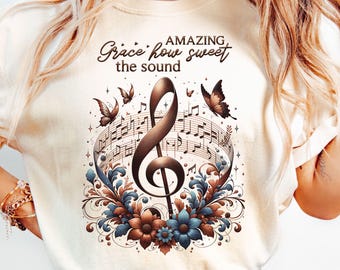 Amazing Grace PNG Sublimation Design, Christian Hymn Shirt Design, Faith Floral Treble Clef, Boho Christian Tee, Digital Jesus Shirt File