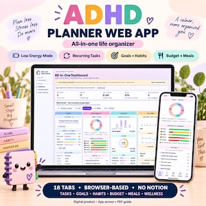 ADHD Planner Web App, All-in-One Life Organizer, Executive Function & Low Energy Mode, Habit Tracker, Goal Planner for ADHD Adults