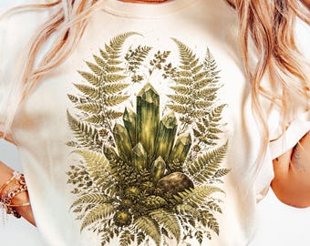 Botanischer Kristall Farn PNG Sublimationsdesign, Witchy Cottagecore Kristall Kunstwerk, Mystischer Wald, Gothic Natur Shirt PNG Digital Download