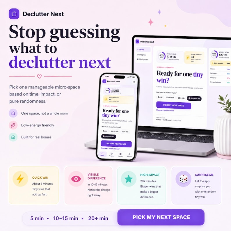 Random declutter picker showing 5 minute, 10–15 minute, 20+ minute and Surprise Me options for choosing the next small home organization task.