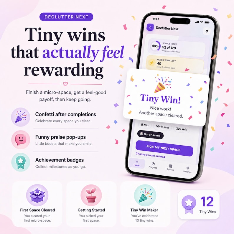 Declutter Next Tiny Win celebration with confetti and playful progress feedback after completing a small decluttering task.