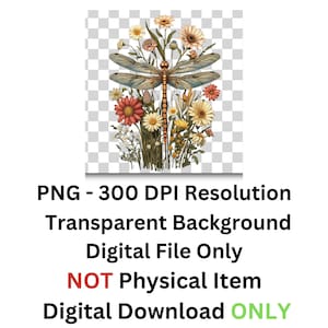 K&ouml;nnte beinhalten: Eine digitale Illustration einer Libelle mit braunen und gelben Fl&uuml;geln, umgeben von einem Blumenstrau&szlig; mit roten, gelben und wei&szlig;en Bl&uuml;tenbl&auml;ttern. Der Hintergrund ist transparent.