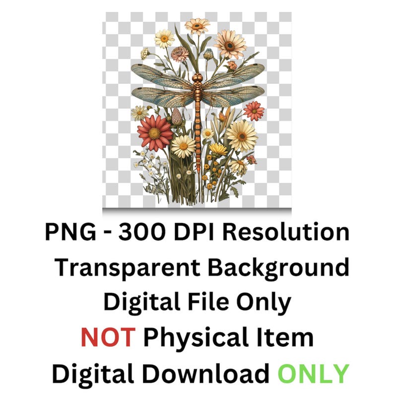 K&ouml;nnte beinhalten: Eine digitale Illustration einer Libelle mit braunen und gelben Fl&uuml;geln, umgeben von einem Blumenstrau&szlig; mit roten, gelben und wei&szlig;en Bl&uuml;tenbl&auml;ttern. Der Hintergrund ist transparent.