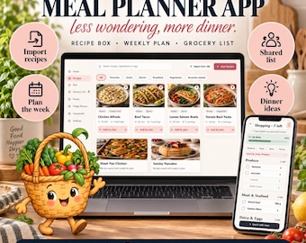 Meal Planner App, Automatic Grocery List, Recipe Organizer, Pantry Tracker, Weekly Meal Planning Digital Download