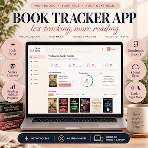 May include: A laptop displaying the Next Read book tracker app interface with a dashboard showing reading statistics, book covers, and progress bars. The screen features text including Book Tracker App, less tracking, more reading, and various feature icons.