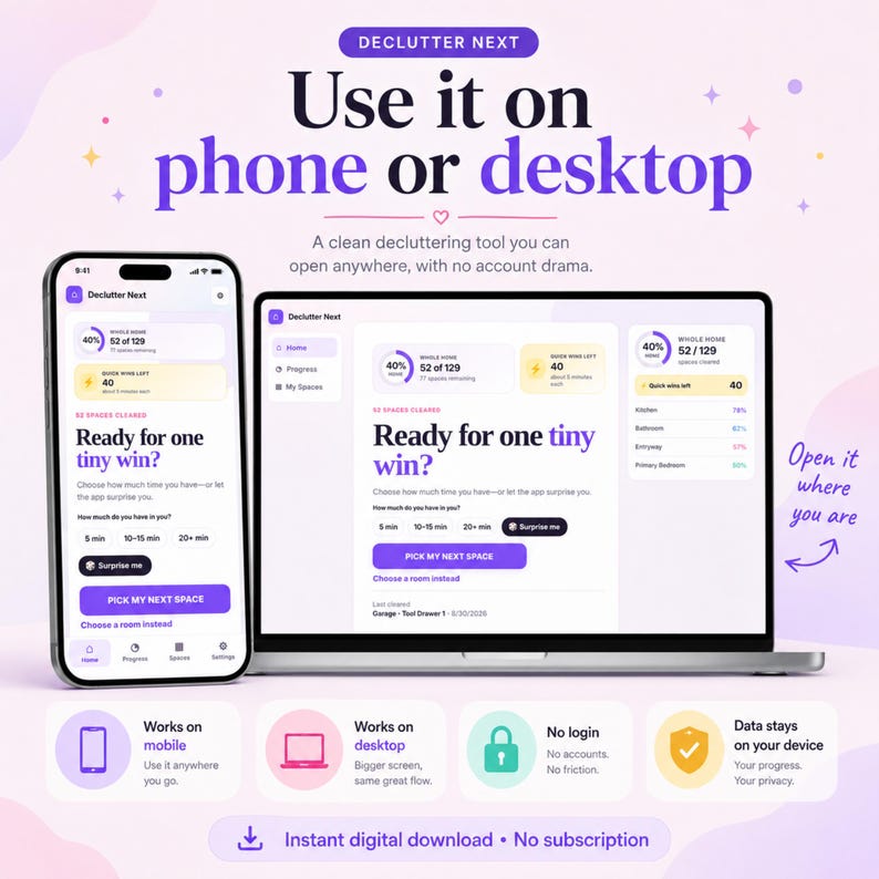 Declutter Next browser app displayed on phone and desktop for interactive home organization without Excel or Google Sheets.