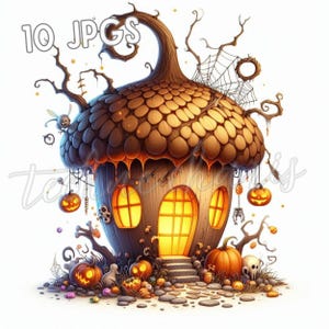Haunted Eichel Feenhaus Clipart | 10 hochwertige 300 DPI JPEGs | Gruseliges Halloween Cottage für Junk Journals & Crafts