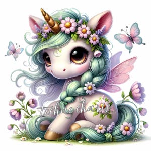 Clipart Licorne papillon | 10 fichiers JPEG 300 ppp de haute qualité | Clipart licorne florale, décoration de chambre d'enfant, imprimables à usage commercial, fantaisiste