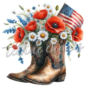 10 botas de vaquero PNG, clipart de acuarela del 4 de julio, botas florales patrióticas, clipart de la bandera de EE. UU., clipart del Día de la Independencia, descarga instantánea