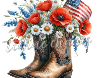 10 Cowboy Boots PNG, 4th of July Watercolor Clipart, Patriotic Floral Boots, USA Flag Clipart, Independence Day Clipart, Instant Download