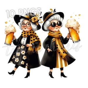 10 Lustige Bier Freunde PNG Clipart | Fröhliche alte Damen, die Bier trinken | Party Humor Kunst | Lustige Oma Cartoon | Digitaler Download