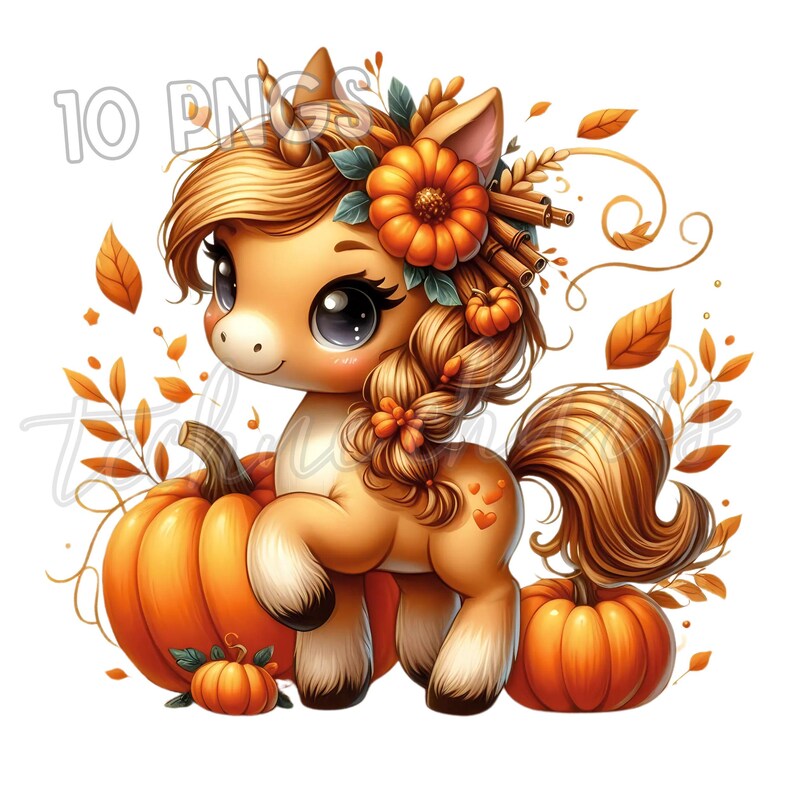 K&ouml;nnte beinhalten: Cartoon-Illustration eines Ponys mit Herbstthema. Das Pony ist hellbraun mit flie&szlig;ender M&auml;hne und Schweif, geschm&uuml;ckt mit einem K&uuml;rbisblumenkranz. Es steht neben zwei gro&szlig;en orangefarbenen K&uuml;rbissen. Der Text "10 PNGs" ist enthalten.