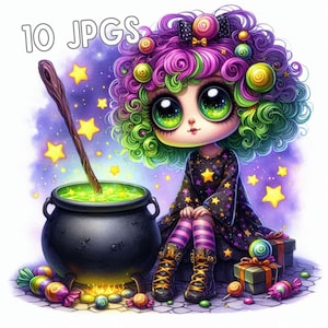 Clipart de bruja chibi de Halloween, 10 archivos JPG con calderos y pociones, linda acuarela, descarga instantánea, manualidades de Halloween