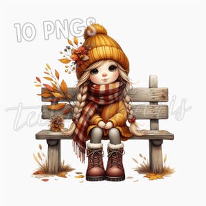 10 種類の心地よいスカーフのノーム PNG | チェック柄のスカーフとマスタード色の帽子をかぶった秋の少女ノーム | 秋の昇華クリップアート、デジタルステッカーのダウンロード