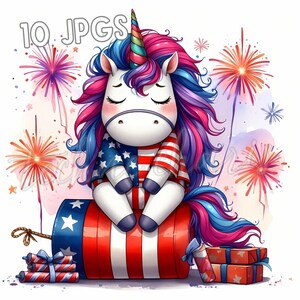 July 4 Unicorn Clipart, 10 Quirky Patriotic Unicorn JPGs, Watercolor Fantasy Art, Independence Day Printable, Junk Journal, Download