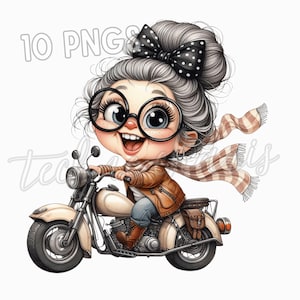 10 PNG Funny Old Lady Motorbike Clipart | Quirky Grandma Rider Illustrations | Vintage Women Art for Junk Journals, Crafts & Cards