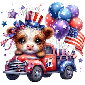 4th of July Highland Cow Clipart | Set of 10 PNGs | Patriotic Cow with Truck Sublimation | Cute Coquette Shirt Design | Commercial Use
