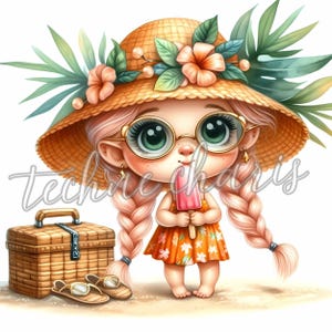 May include: A cartoon girl with pink hair wearing a straw hat with flowers, sunglasses, and a floral dress. She is holding a pink popsicle and standing on a beach.