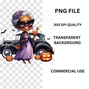 May include: Digital illustration of a cartoon woman in a purple dress, sunglasses, and a cocktail, standing next to a black vintage car decorated for Halloween. The image includes jack-o'-lanterns and bats. Text: PNG FILE, 300 DPI QUALITY, TRANSPARENT BACKGROUND, COMMERCIAL USE.