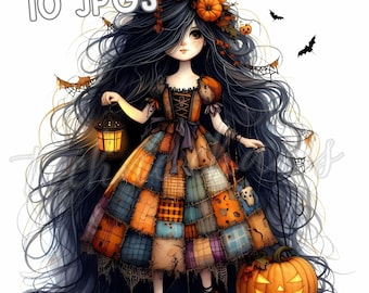Halloween Enchantress Clipart, Patchwork Doll Art (Digital Download)