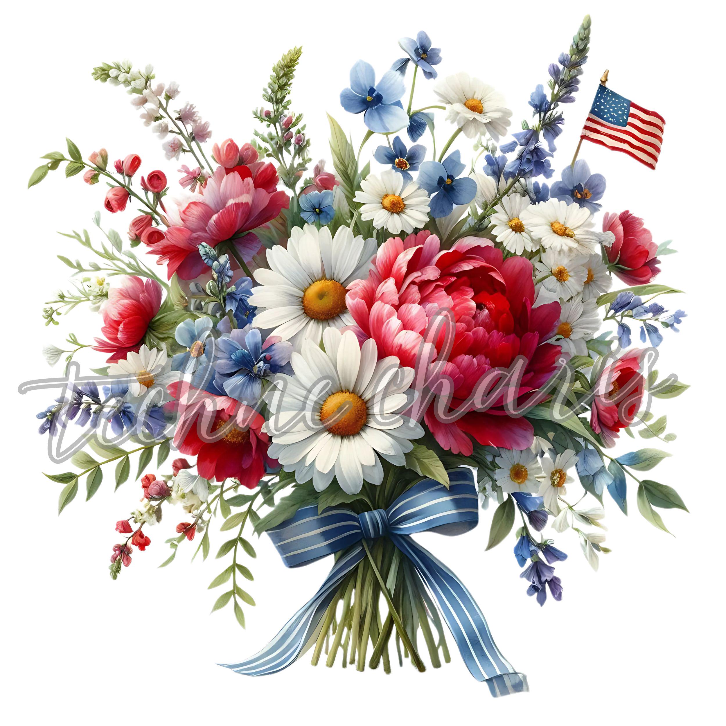4th of July Floral Clipart PNG | Watercolor Patriotic Flowers ...