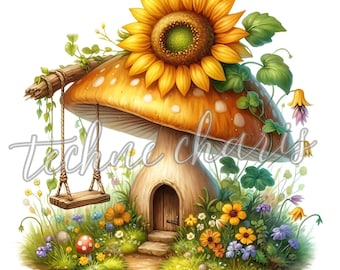 Paquete de imágenes prediseñadas de casas de hadas: 10 imágenes JPEG de cabañas de fantasía en acuarela para scrapbooking y manualidades