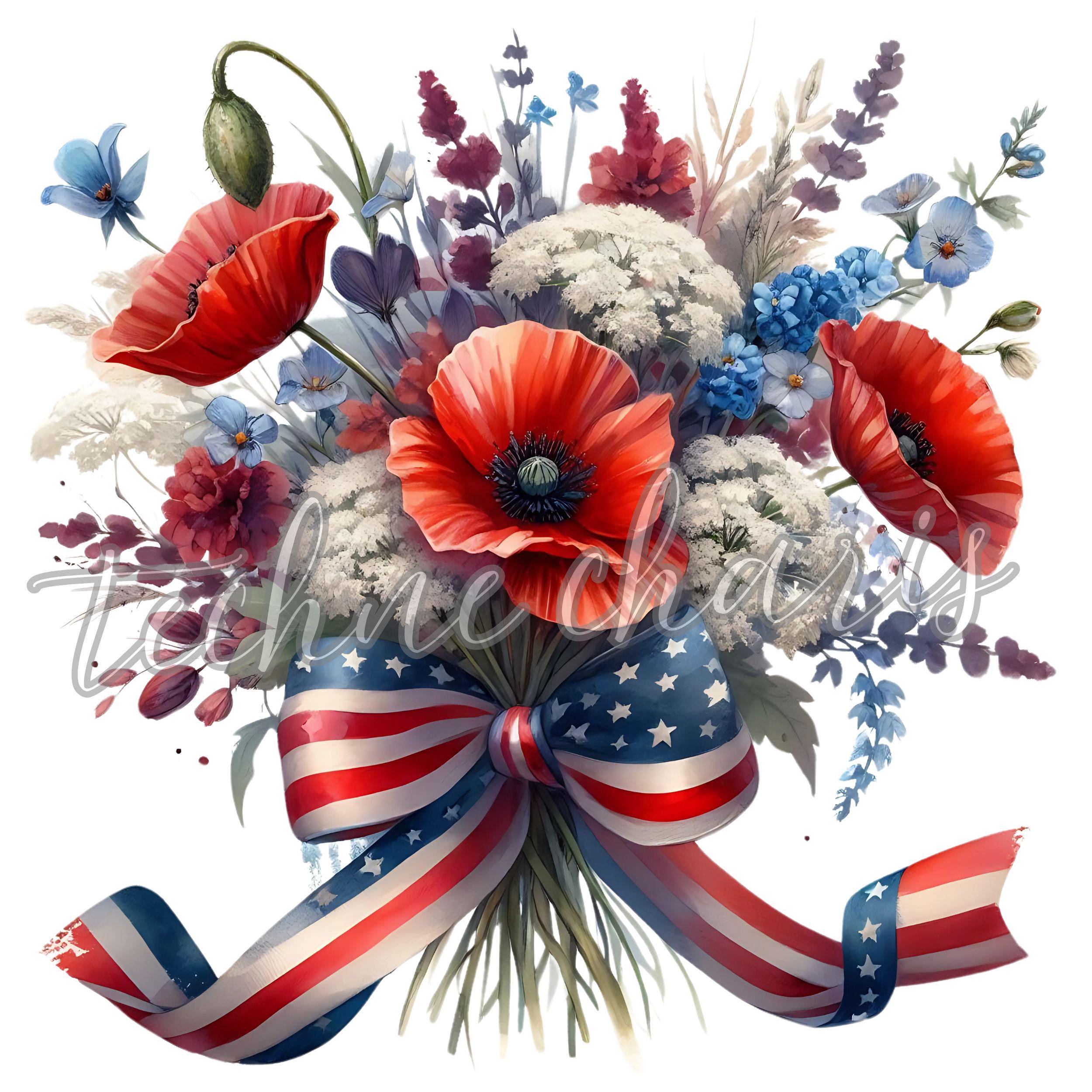 4th of July Floral Clipart PNG | Watercolor Patriotic Flowers ...