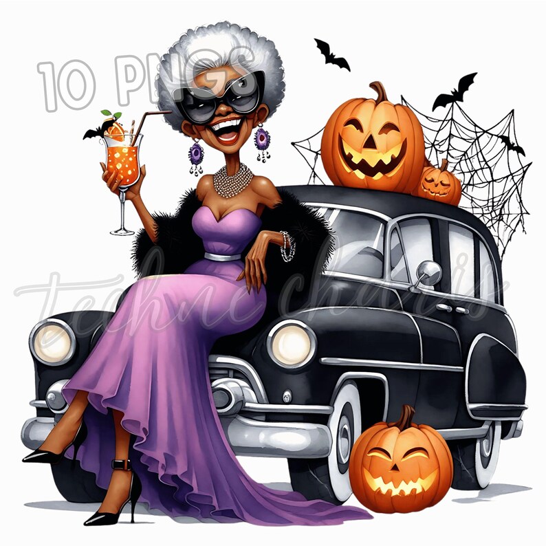 May include: A digital illustration of a woman in a purple gown and black fur wrap, seated on a black vintage car. The image includes jack-o'-lanterns, bats, and a spiderweb, with the text "10 PNG". The woman is holding a cocktail.