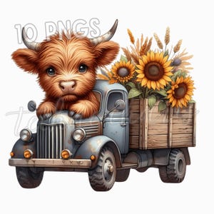 Rustic Farm Truck PNG Clipart Bundle | 10 Watercolor Sunflower & Highland Cow Designs | Autumn Farm Art | Commercial Use | Digital Download
