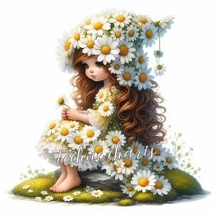 Daisy Gnome Clipart / 10 JPEG di alta qualità a 300 DPI Uso commerciale Gnomo floreale Clipart primaverile Aprile Mese di nascita Ragazza dei fiori Decorazione artistica