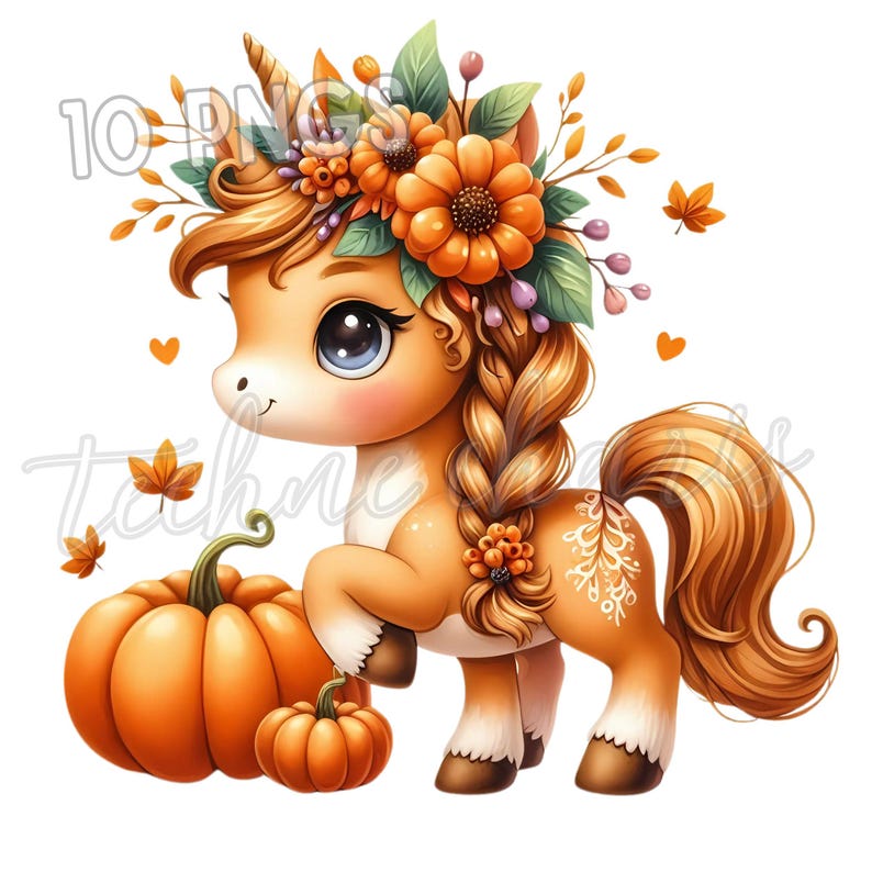 K&ouml;nnte beinhalten: Eine bezaubernde Illustration eines Einhorns mit Herbstthema. Das Einhorn hat eine goldene M&auml;hne und einen goldenen Schweif, geschm&uuml;ckt mit einem Blumenkranz und Herbstbl&auml;ttern. Zwei K&uuml;rbisse befinden sich neben dem Einhorn. Die Farbpalette ist warm, mit Orange-, Braun- und Gr&uuml;nt&ouml;nen.