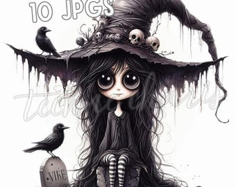 Gothic Witch Doll Clipart, Spooky Halloween Art (JPEGs)