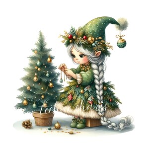 Incantevoli gnomi di pino Clipart / 10 JPEG di alta qualità a 300 DPI per uso commerciale. Clipart di gnomi di ragazze carine per le vacanze invernali di Natale