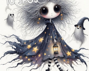 Whimsical Moonlight Girl Clipart, Kawaii Halloween Art (300 DPI JPGs)