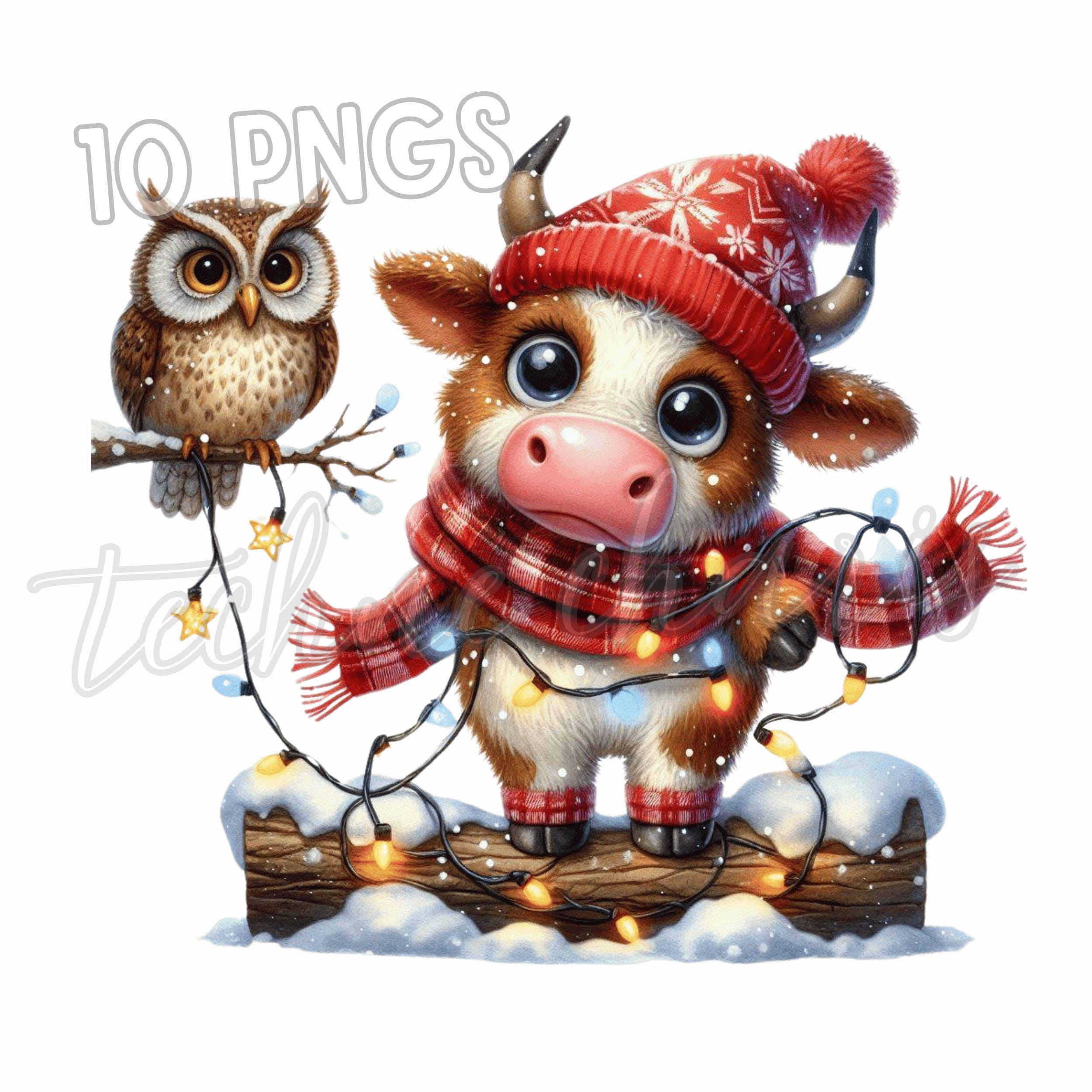 10 Christmas Highland Cow PNG Clipart – Cute Holiday Cow With Owl on ...