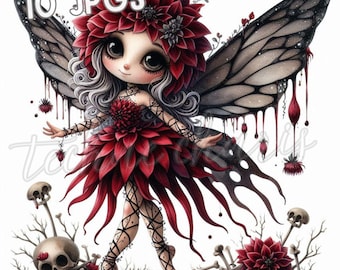 Clipart de hada gótica de Halloween, hada oscura en acuarela (JPG) (descarga digital)
