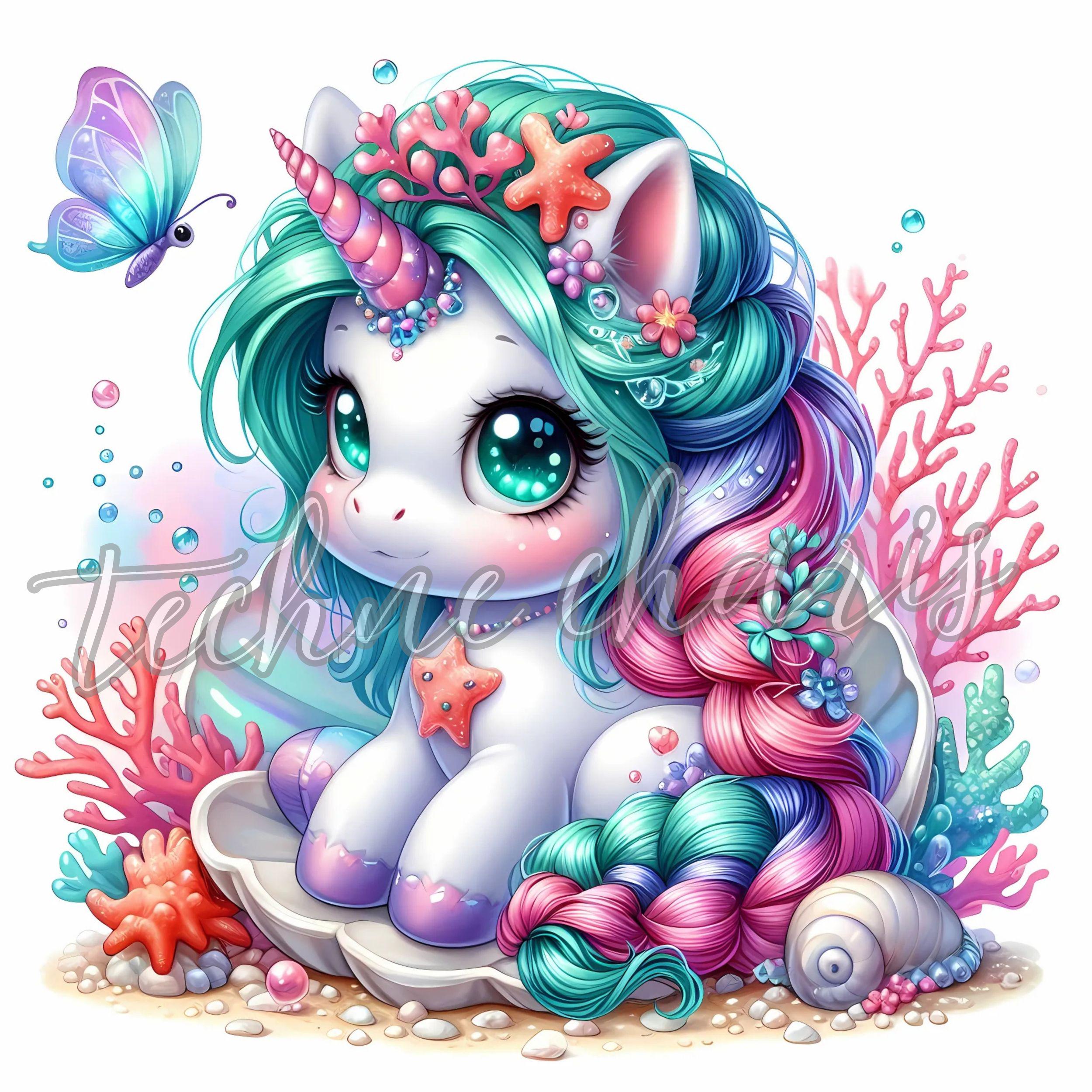 Coral Princess Unicorn Clipart Bundle, 10 JPG Cute Ocean Baby Unicorns ...
