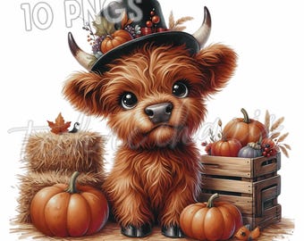 Imágenes prediseñadas de vacas Highland bebés de otoño: Paquete de imágenes PNG de animales de otoño (uso comercial)