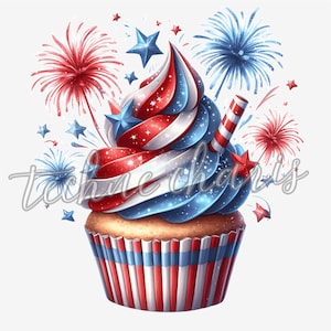 4. Juli Cupcake Clipart PNG | Vaterländische Süße Leckereien | Unabhängigkeitstag Aquarell Sublimation | Druckbar für Crafts & Karten