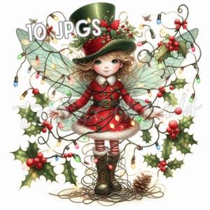 Whimsical Christmas Fairy Clipart 10 JPEGs Cute Holiday Fairy with Fairy Lights Holly Berries Perfect for Cards Crafts Christmas Projects