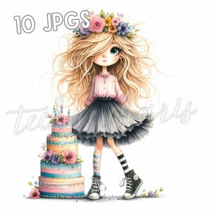 Birthday Girl Clipart Bundle 10 schrullig, skurrile JPGs, 300 DPI süße Geburtstags-Illustrationen für Karten, Basteln, DIY-Projekte | Kommerzielle Nutzung