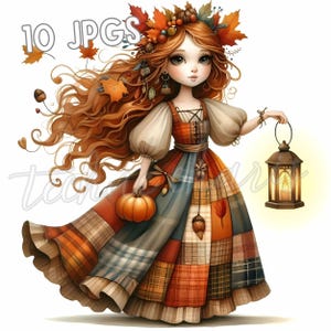 10 JPG Autumn Doll Clipart, Patchwork Dress Fall Pumpkin Girls, Cute Fall Printable Doll Art, Autumn Paper Crafts, Scrapbook, Junk Journal