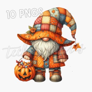 Halloween Kürbis Gnome Clipart, Patchwork Candy Kostüm (PNG Instant Download)