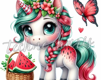 Watermelon Unicorn Clipart Set, 10 Fruity Fantasy JPG Illustrations for Nursery & Party Crafts