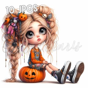 10 Whimsical Halloween Girl Clipart | Quirky Cute Doll Clipart Bundle | 300 DPI JPGs | Instant Download | Commercial Use Halloween Graphics