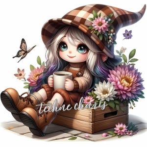 Whimsical Floral Coffee Gnome Clipart | 10 High-Quality 300 DPI JPEGs | Spring Gnome Art for Scrapbooks, Cards & Crafts | Digital Download