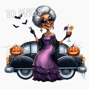 May include: A cartoon illustration of a woman in a purple dress, sunglasses, and jewelry, holding a cocktail and making a peace sign. She stands next to a black car decorated with jack-o'-lanterns, spiderwebs, and bats, with the text "10 PNGs" in the upper left.