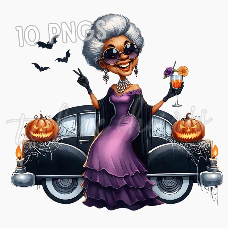 May include: A cartoon illustration of a woman in a purple dress, sunglasses, and jewelry, holding a cocktail and making a peace sign. She stands next to a black car decorated with jack-o'-lanterns, spiderwebs, and bats, with the text "10 PNGs" in the upper left.