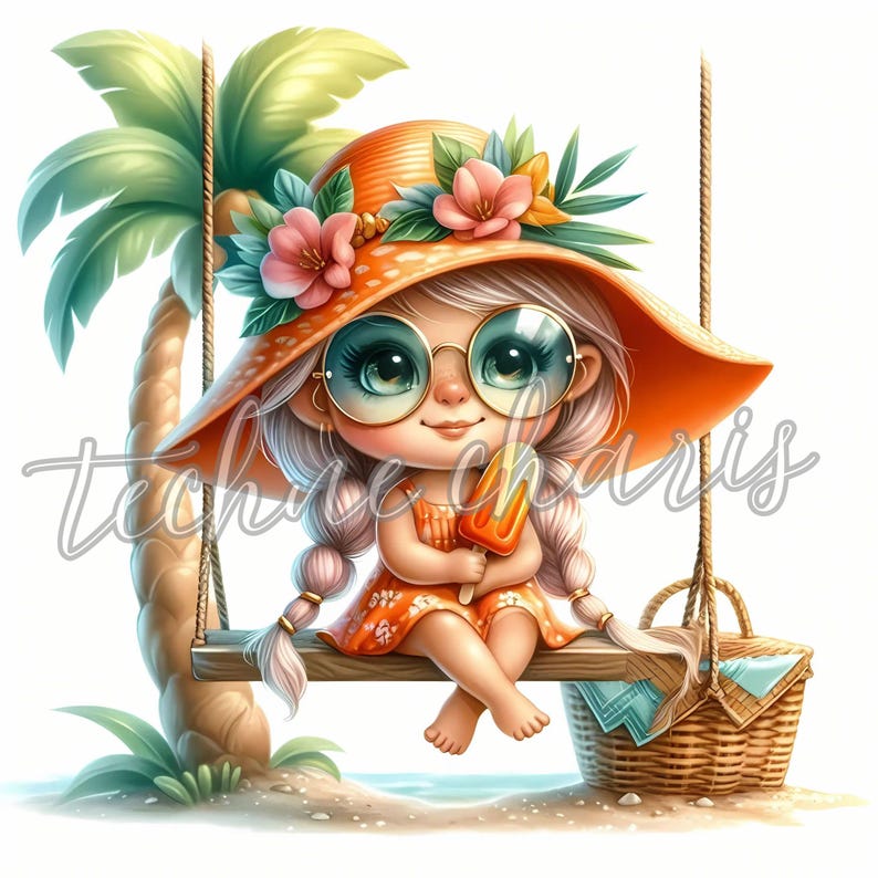 May include: A cartoon girl with blonde hair and orange sunglasses sits on a swing holding an orange popsicle. She is wearing a floral headband and a large orange sunhat. A palm tree and a wicker picnic basket are in the background.