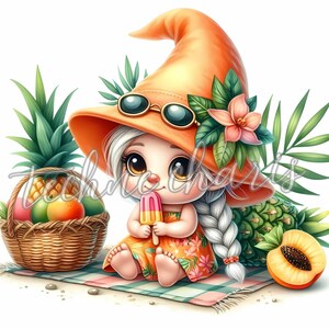 May include: A cartoon gnome wearing a large orange hat with sunglasses and a floral embellishment. The gnome is sitting on a checkered picnic blanket and holding a pink and orange popsicle. There is a basket of fruit and a pineapple next to the gnome.